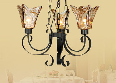 64cm ความสูงใหญ่ Retro Wrought Iron แก้วสีเหลืองอำพันไฟ Chandelier / โคมไฟสำหรับห้องน้ำ